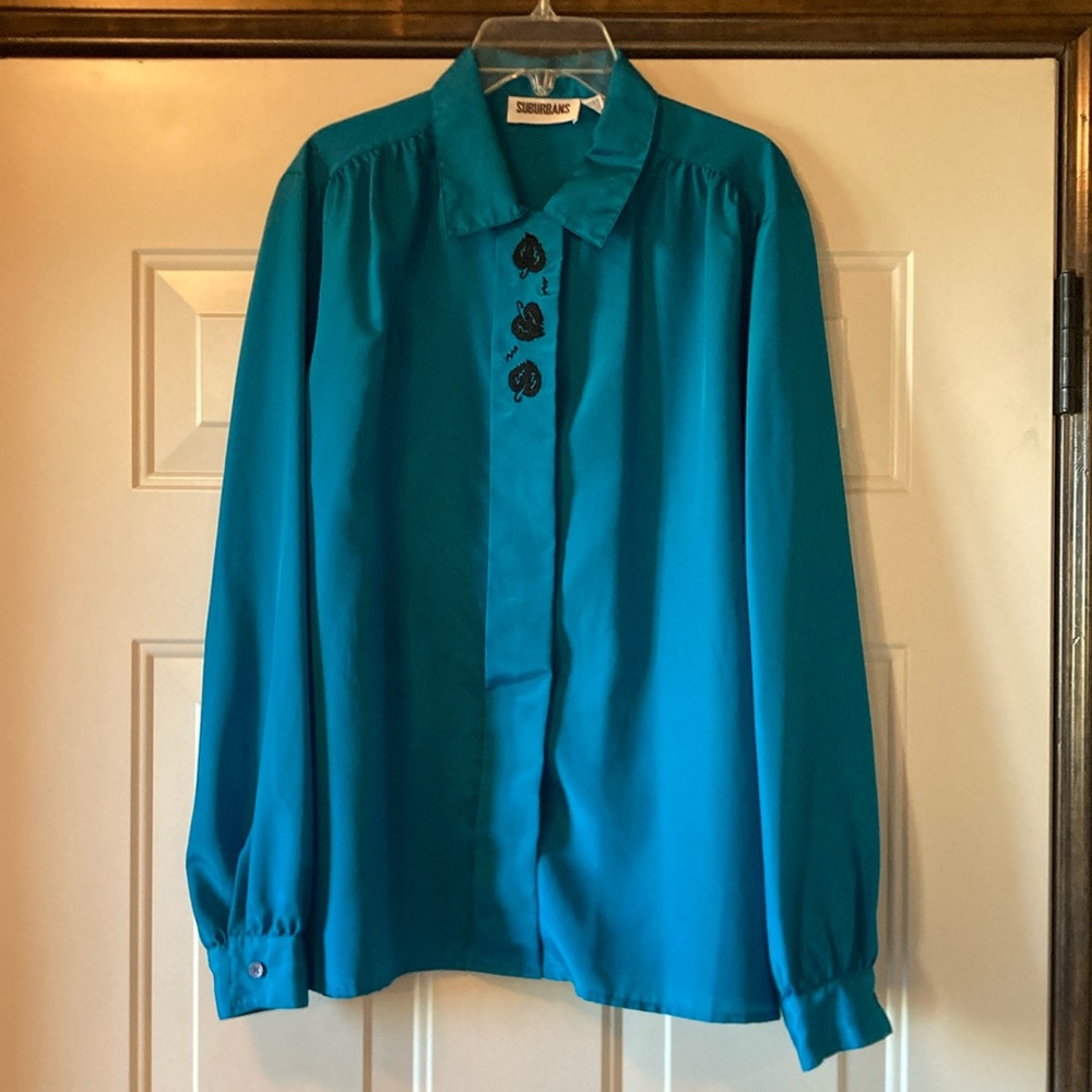 Size 12 Vintage Suburbans Teal Blue Blouse with Black Embroidered Leaves
